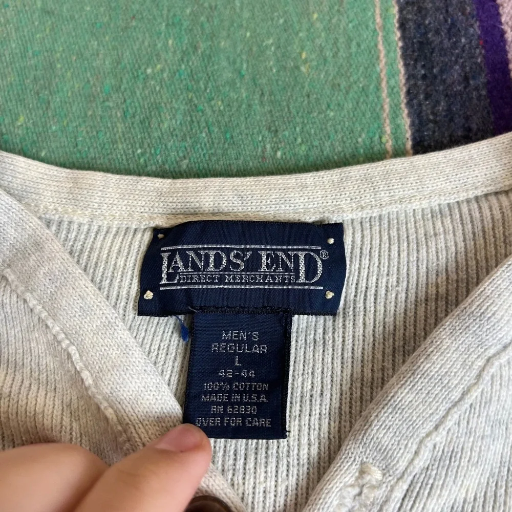 Lands End Henley Sweater Mens L Gray Cotton Ribbed Knit Made in USA Vintage